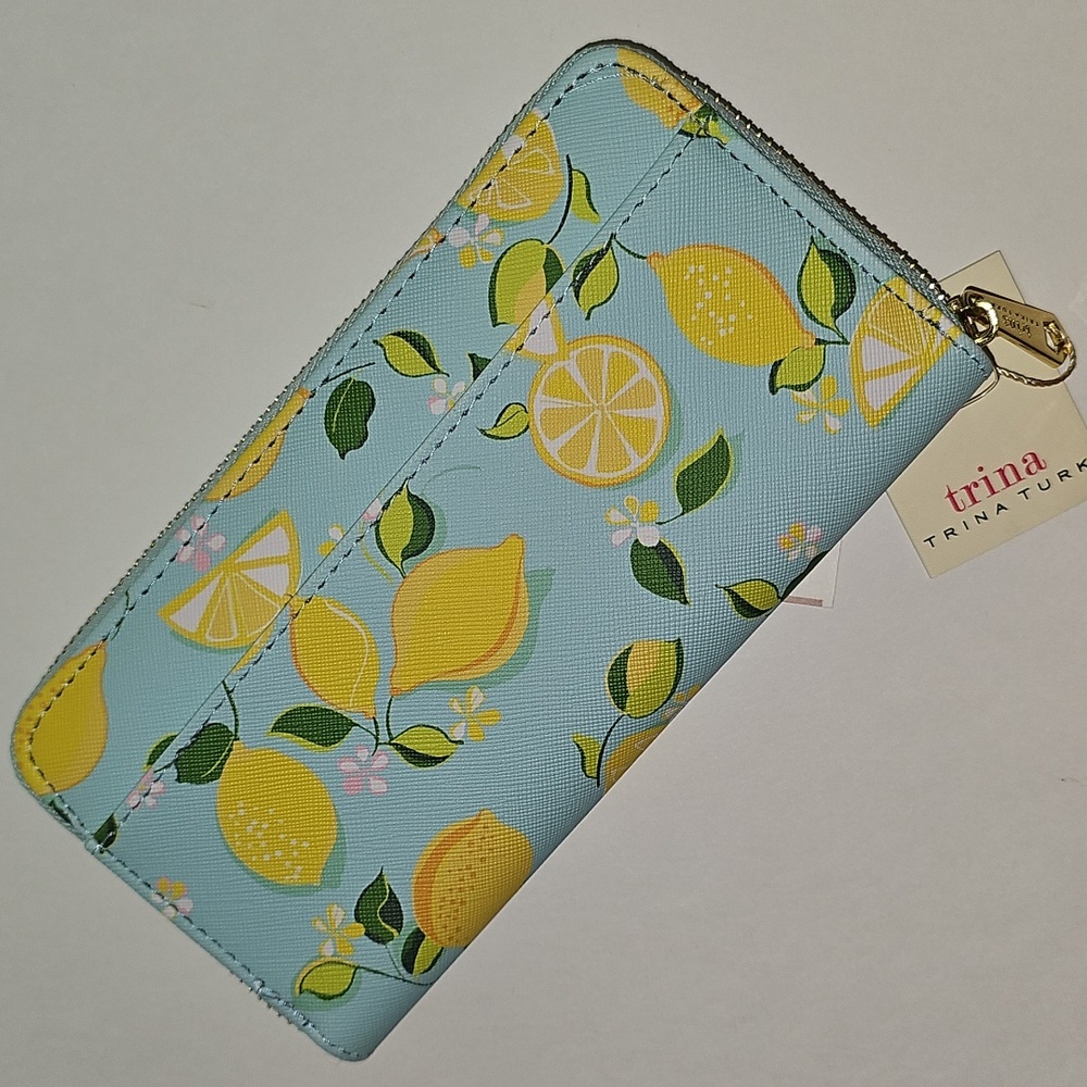 Bright Yellow Trina Turk Lemon Print Blue Yellow Zip Around Wallet 🍋 NWT
